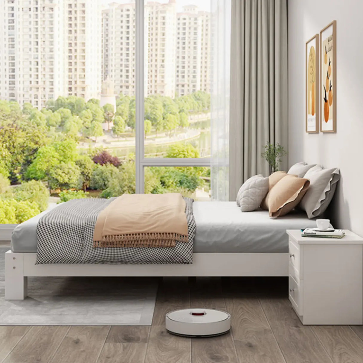 Solid Color White Queen Wood Minimalist Panel Bed Frame Image - 10