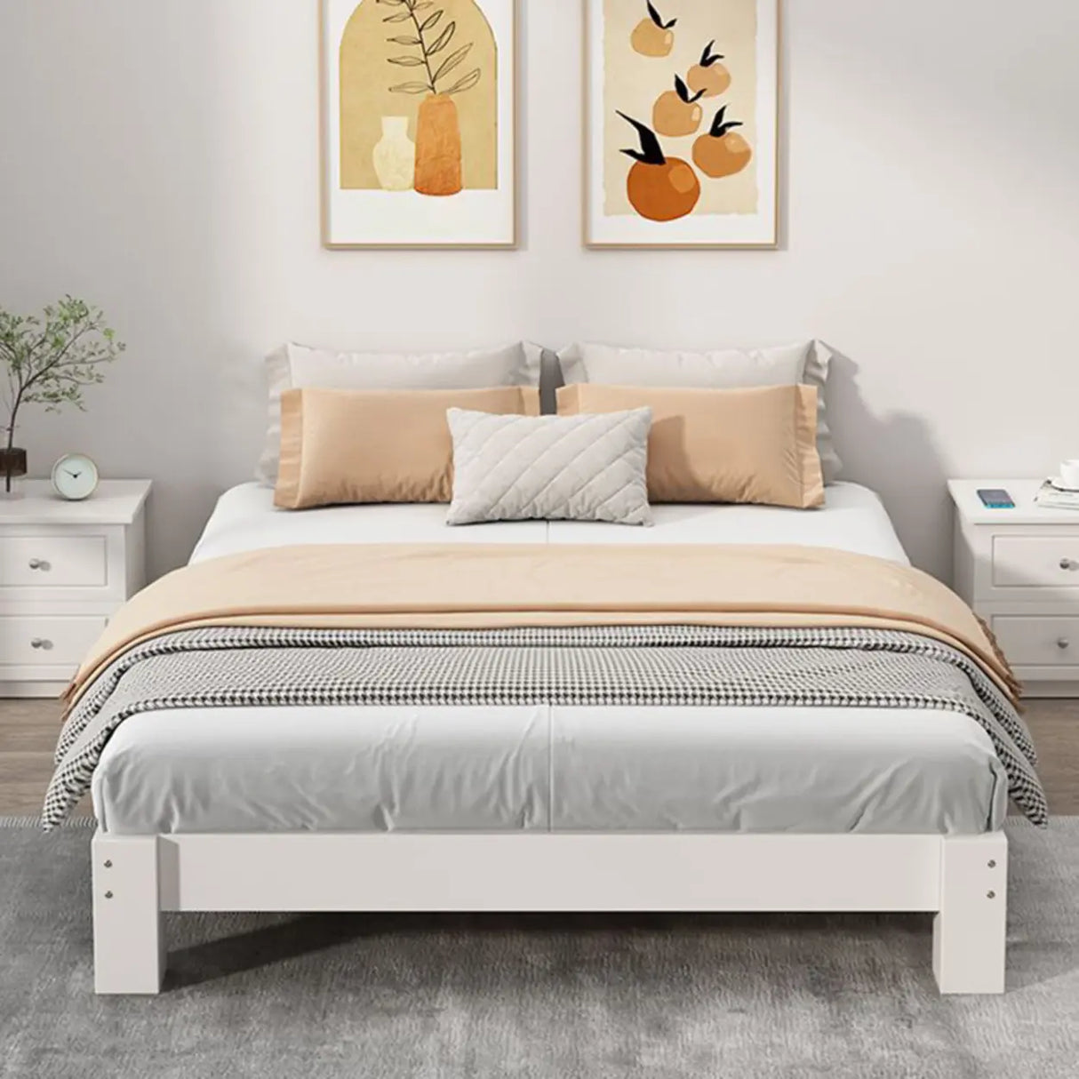 Solid Color White Queen Wood Minimalist Panel Bed Frame Image - 6