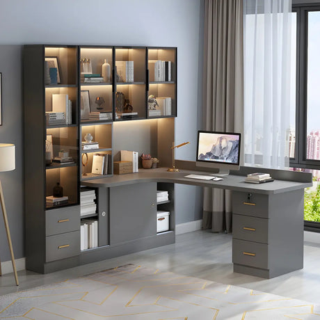 Solid Wood Office Writing Desk with Hutch and Bookcase Image - 1