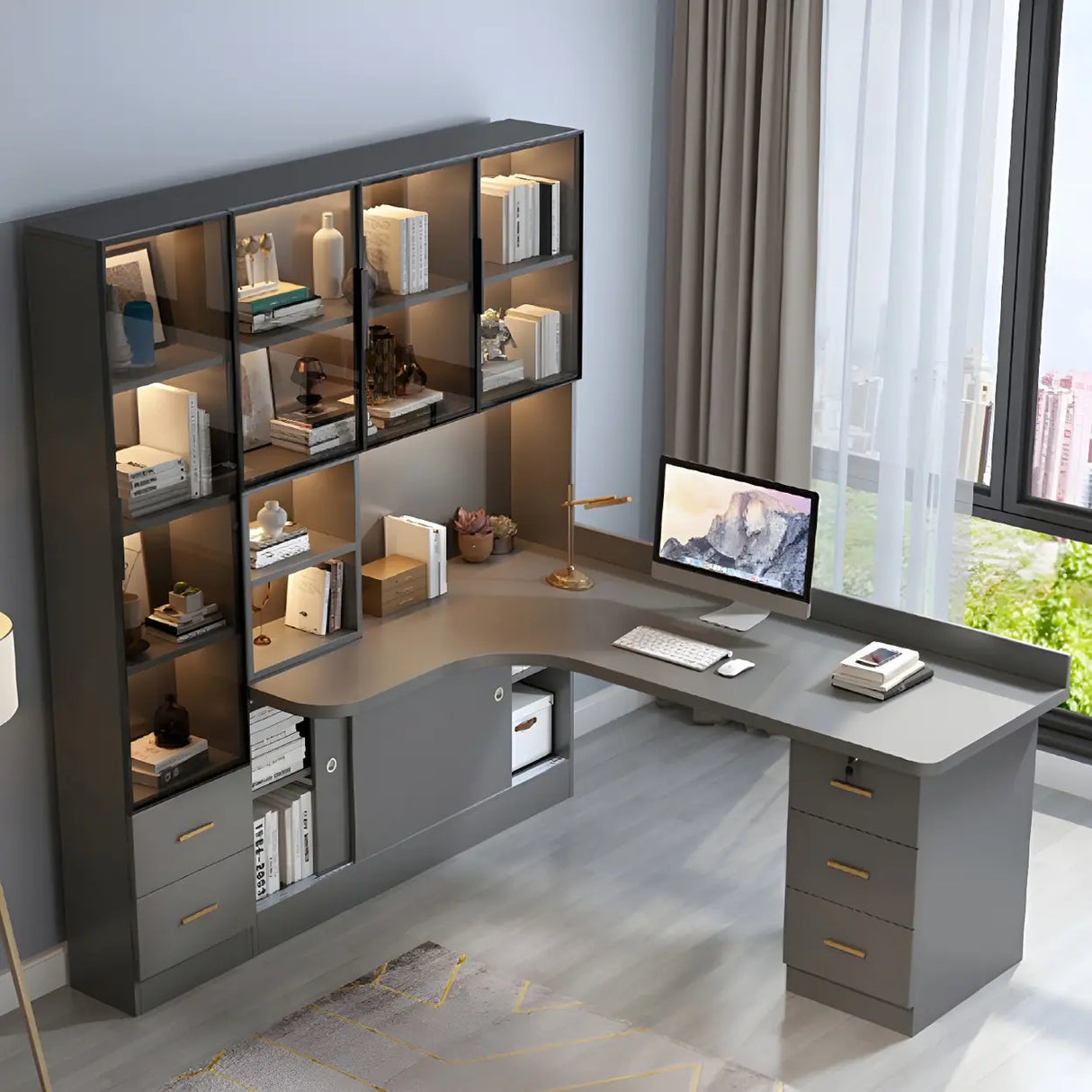 Solid Wood Office Writing Desk with Hutch and Bookcase Image - 10