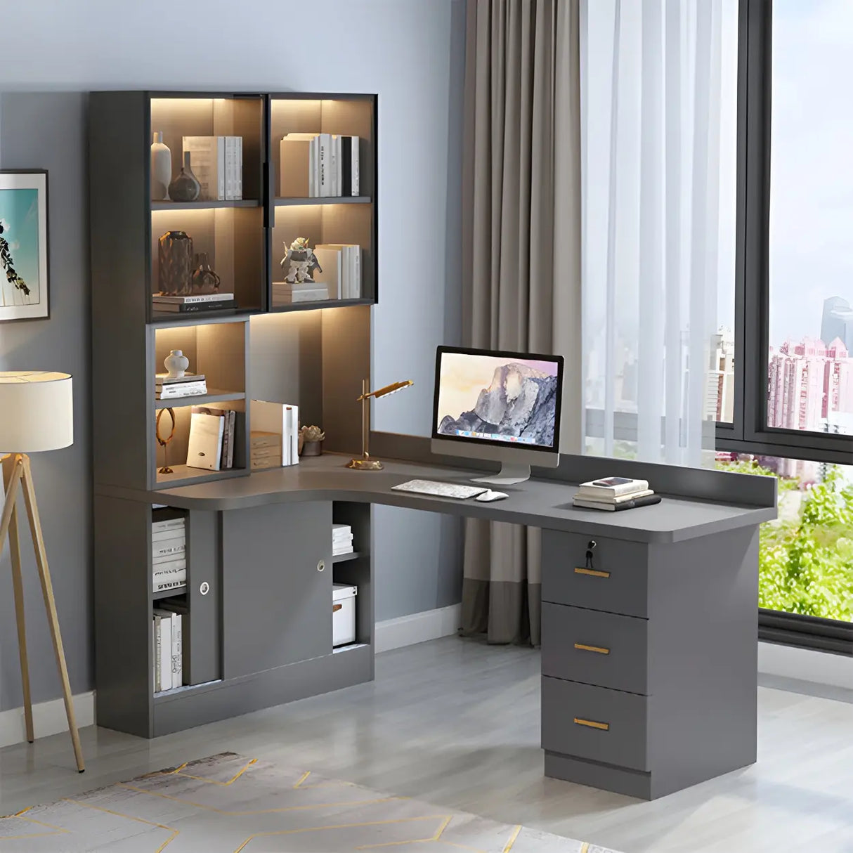 Solid Wood Office Writing Desk with Hutch and Bookcase Image - 11