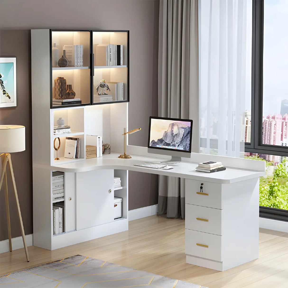 Solid Wood Office Writing Desk with Hutch and Bookcase Image - 12