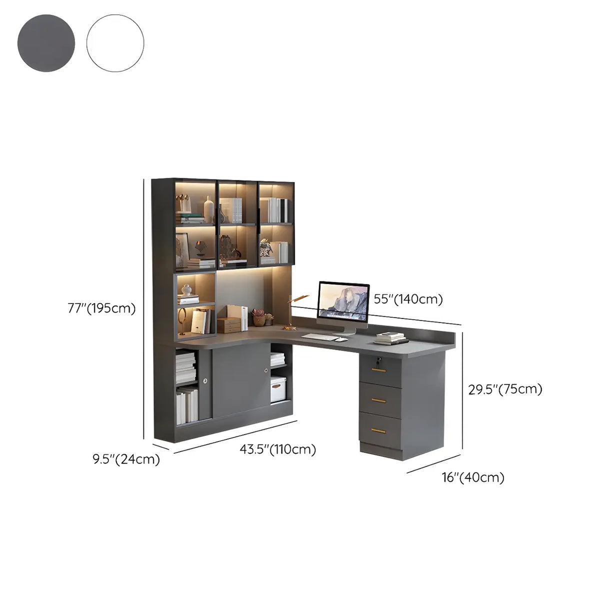 Solid Wood Office Writing Desk with Hutch and Bookcase Image - 16