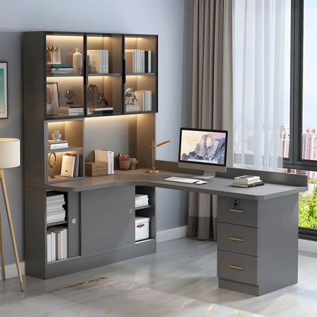 Solid Wood Office Writing Desk with Hutch and Bookcase Image - 2