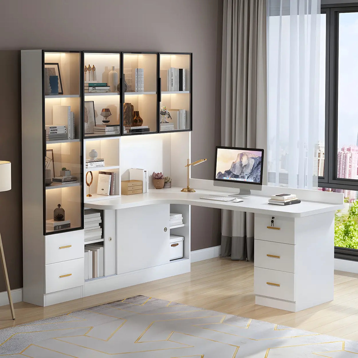 Solid Wood Office Writing Desk with Hutch and Bookcase Image - 3