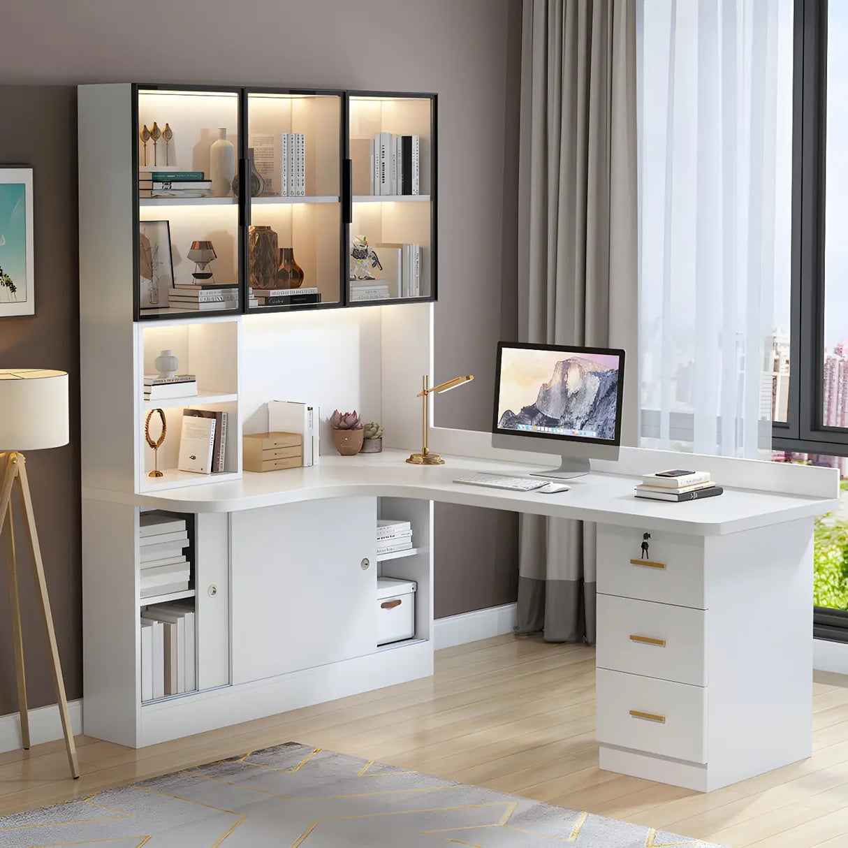 Solid Wood Office Writing Desk with Hutch and Bookcase Image - 4