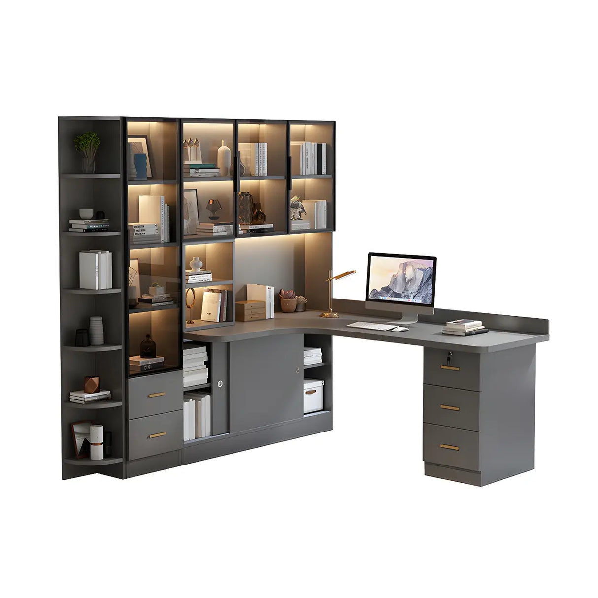 Solid Wood Office Writing Desk with Hutch and Bookcase Image - 5