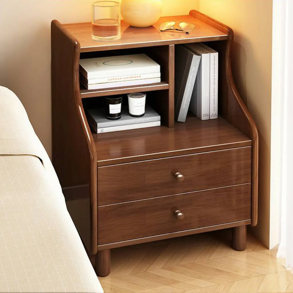 Solid Wood Open Storage Nightstand for Kids with Legs Image - 3