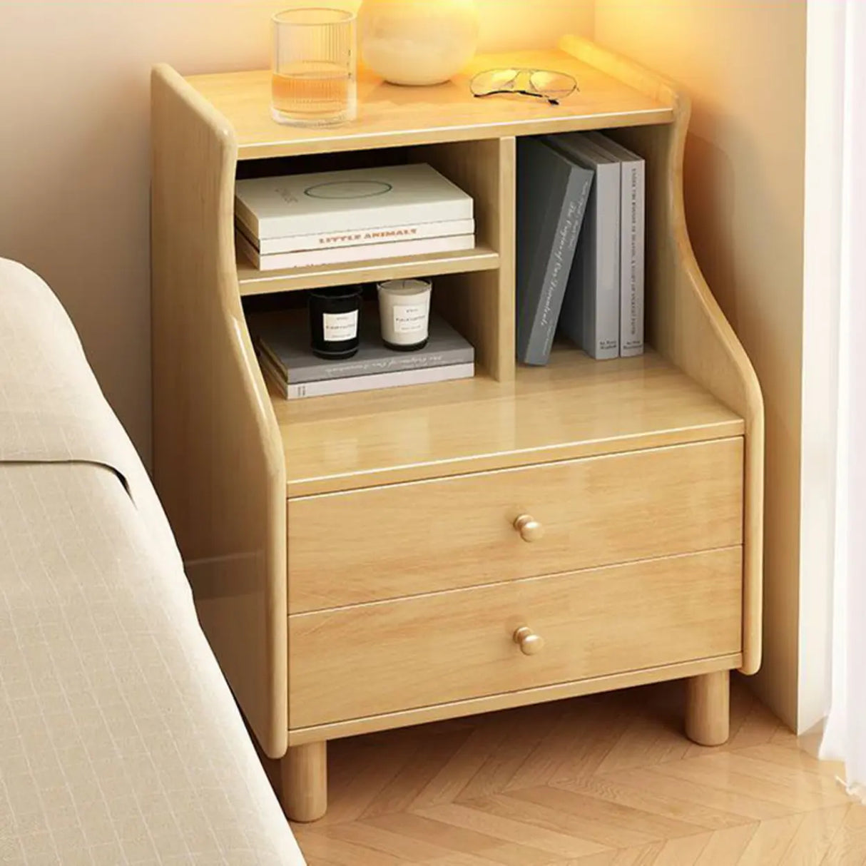 Solid Wood Open Storage Nightstand for Kids with Legs Image - 5