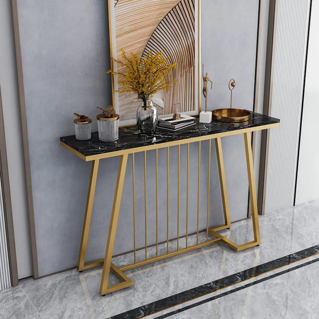 Sophisticated Rectangular Marble Gold Entryway Console Table Image - 1
