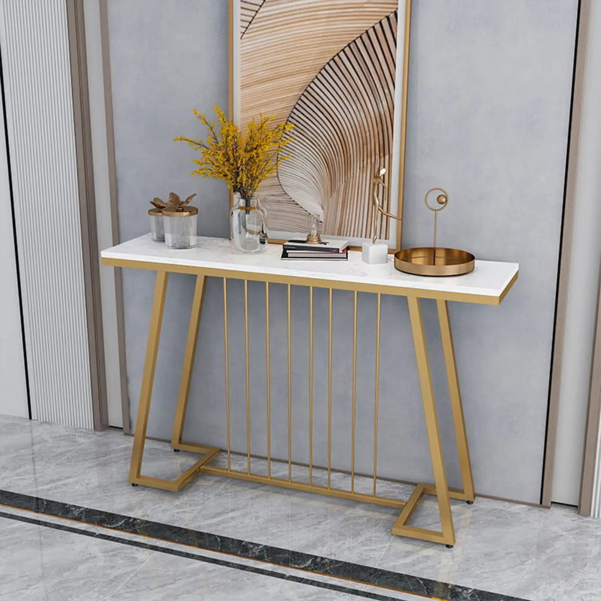 Sophisticated Rectangular Marble Gold Entryway Console Table Image - 2