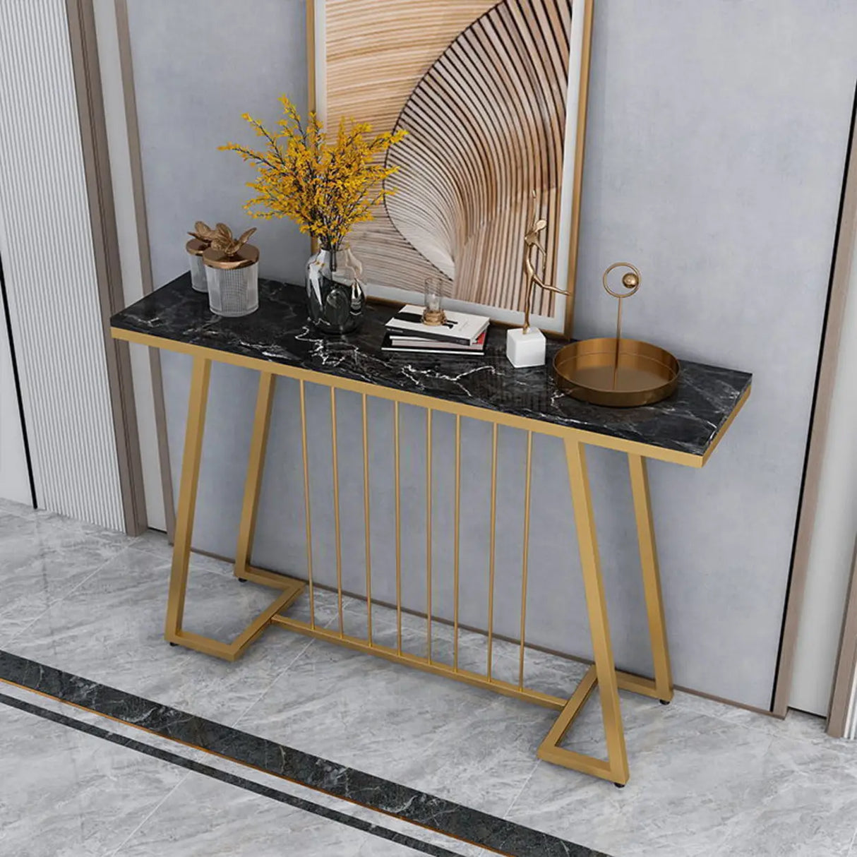 Sophisticated Rectangular Marble Gold Entryway Console Table Image - 3