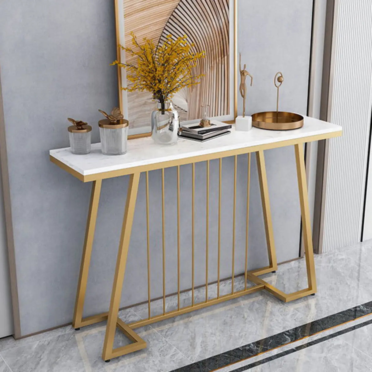 Sophisticated Rectangular Marble Gold Entryway Console Table Image - 4