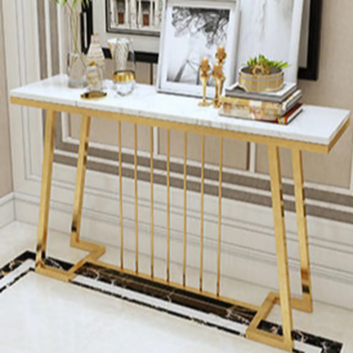 Sophisticated Rectangular Marble Gold Entryway Console Table Image - 9