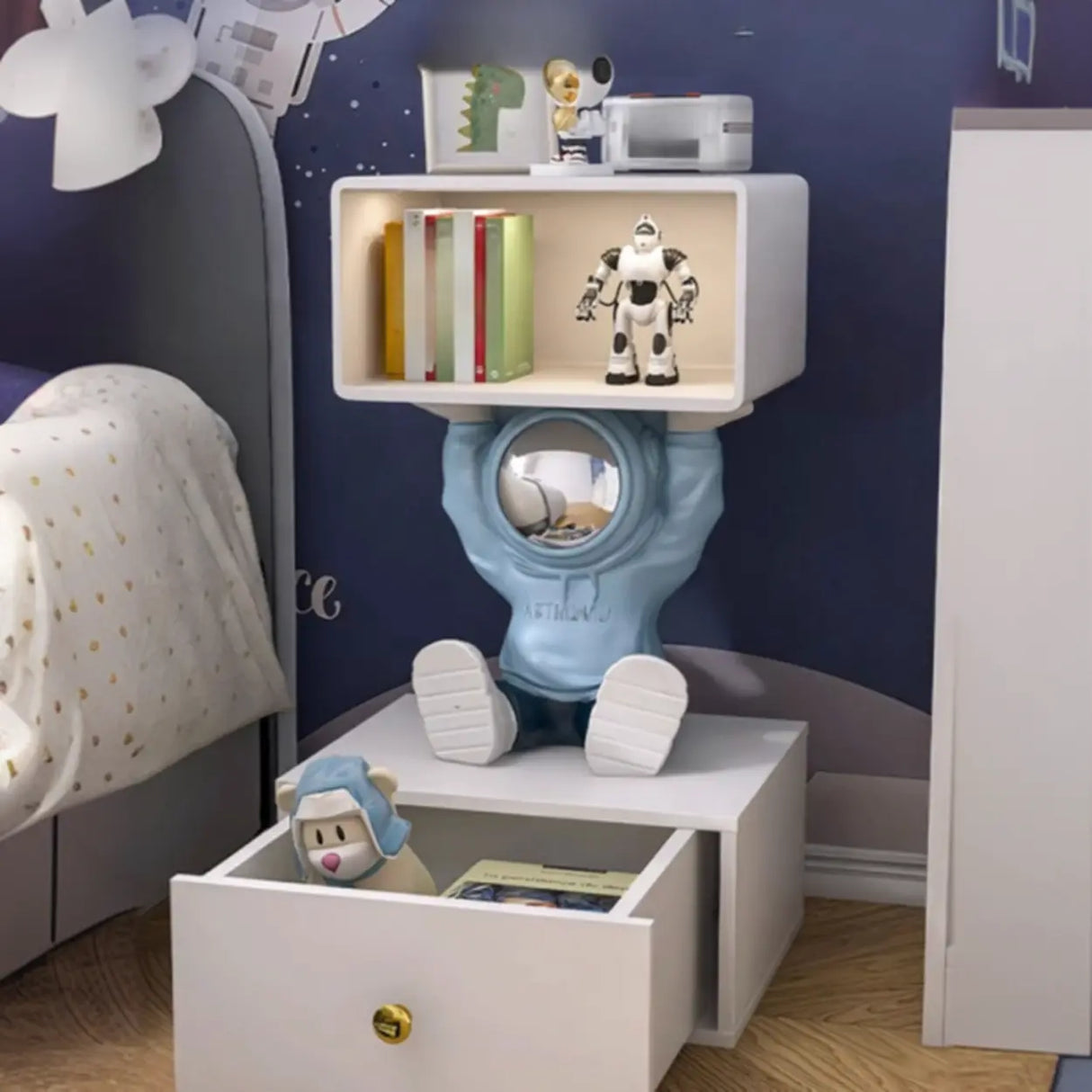 Space Theme Silver Resin Open Storage Kids Nightstand Image - 6