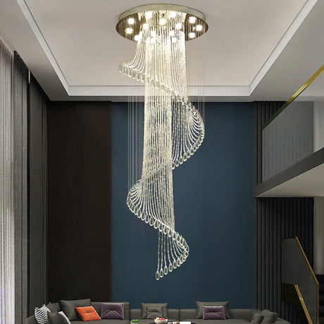 Spiral Crystal Beads Clear Steel Long Foyer Chandelier Image - 1