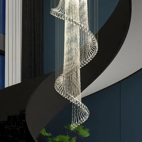 Spiral Crystal Beads Clear Steel Long Foyer Chandelier Image - 2