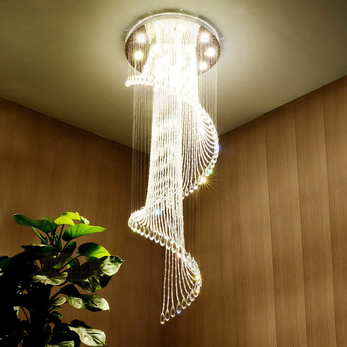 Spiral Crystal Beads Clear Steel Long Foyer Chandelier Image - 3