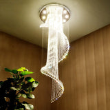 Spiral Crystal Beads Clear Steel Long Foyer Chandelier Image - 3