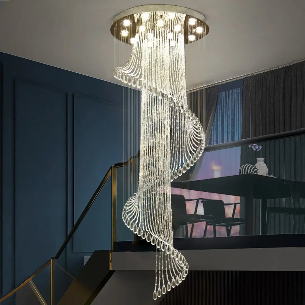 Spiral Crystal Beads Clear Steel Long Foyer Chandelier Image - 4