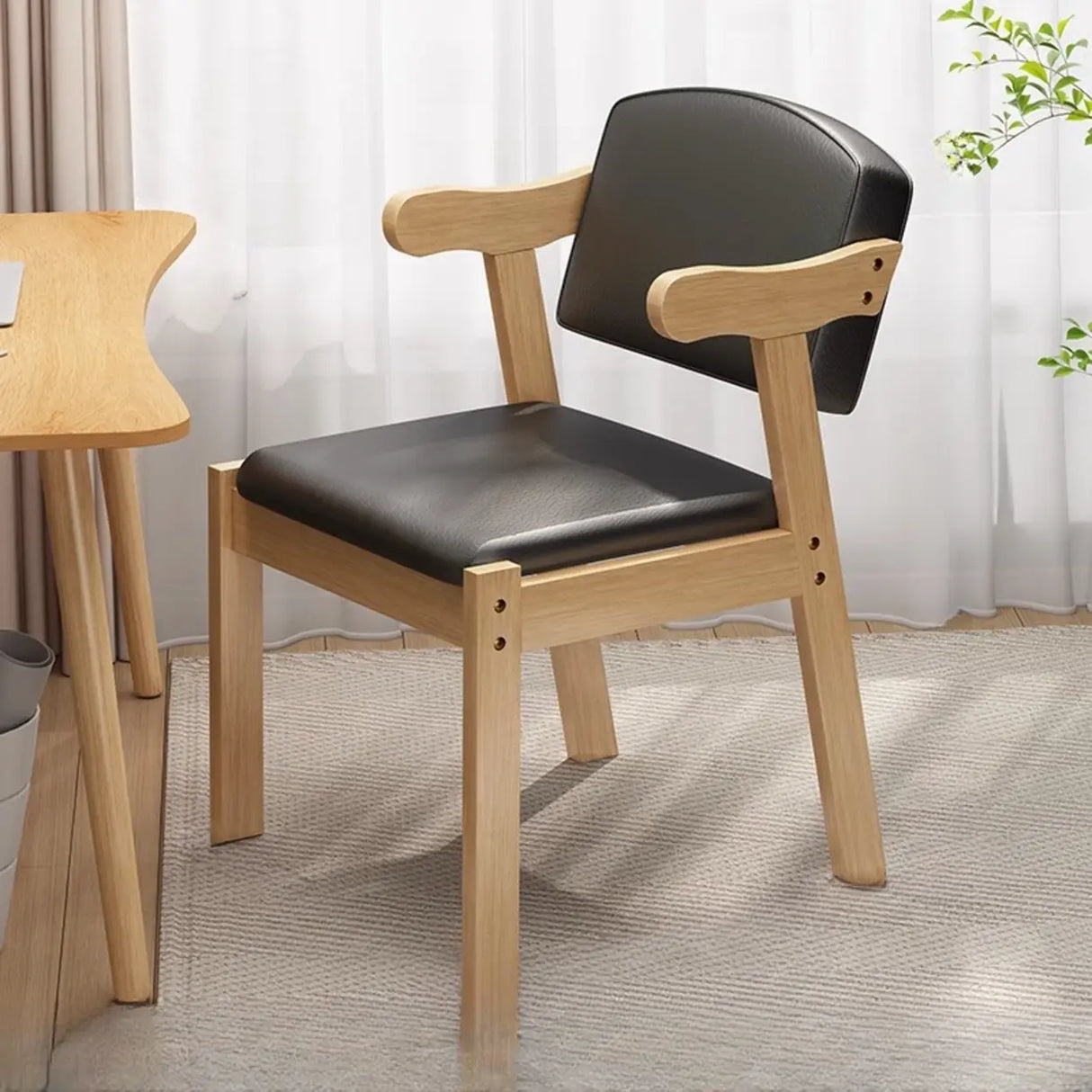 Square Fabric Cushioned Wooden Arm Dining Chairs Coffee Image - 3
