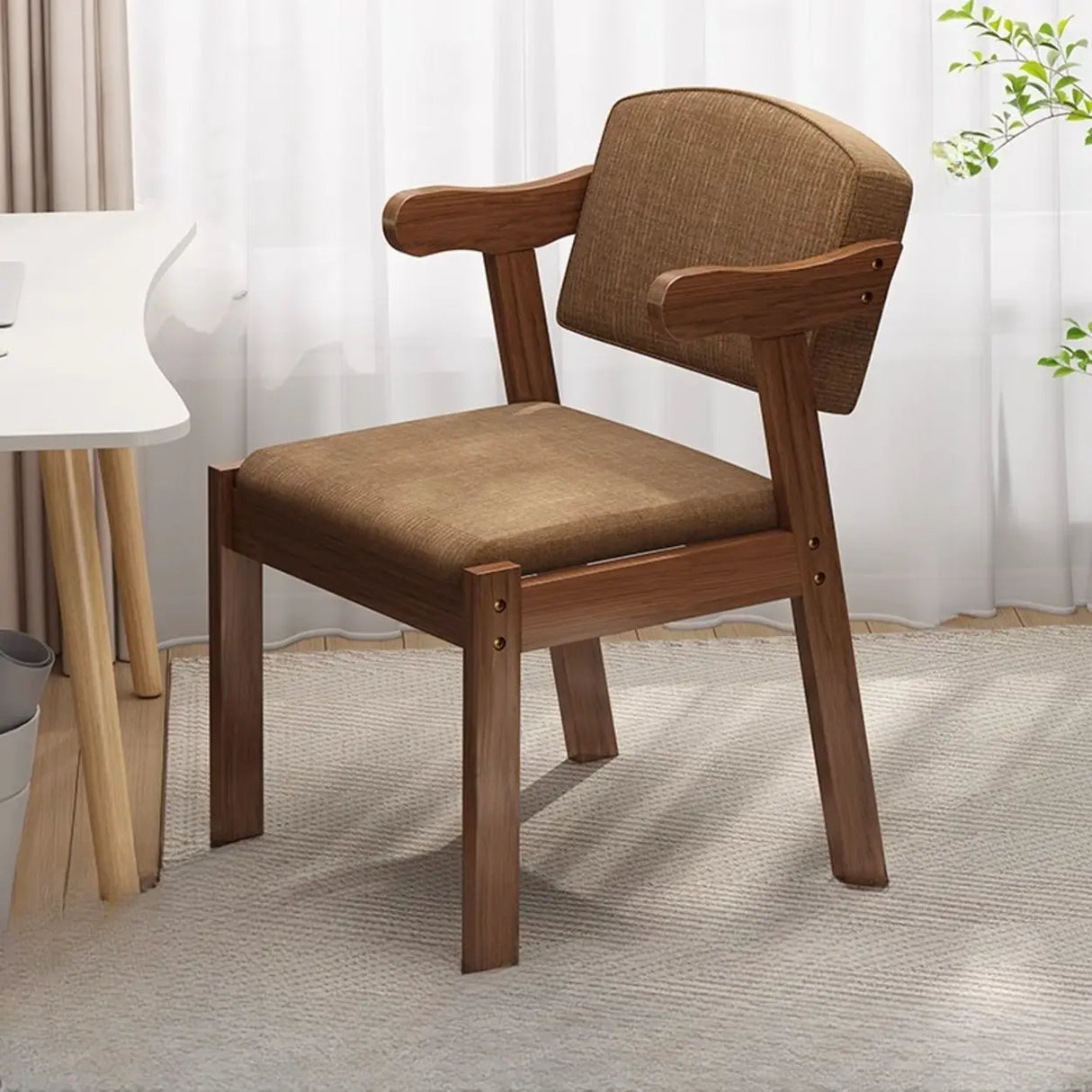 Square Fabric Cushioned Wooden Arm Dining Chairs Coffee Image - 5