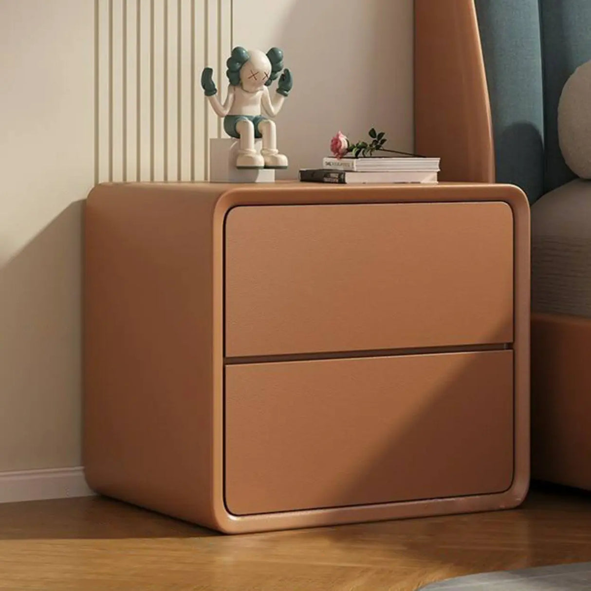 Square Faux Leather Solid Wood 2-Drawer Kids Nightstand Image - 3