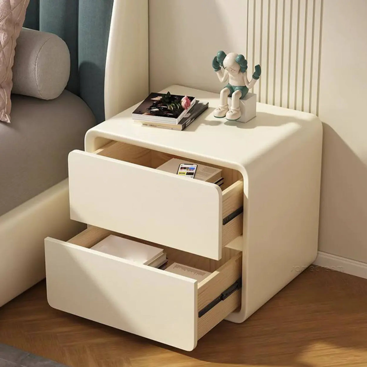 Square Faux Leather Solid Wood 2-Drawer Kids Nightstand Image - 4
