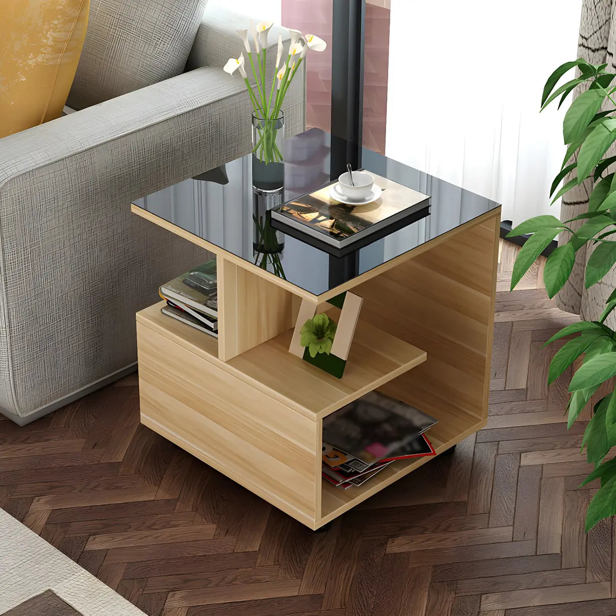 Square Glass and Wood Base White Shelved Side Table Image - 3