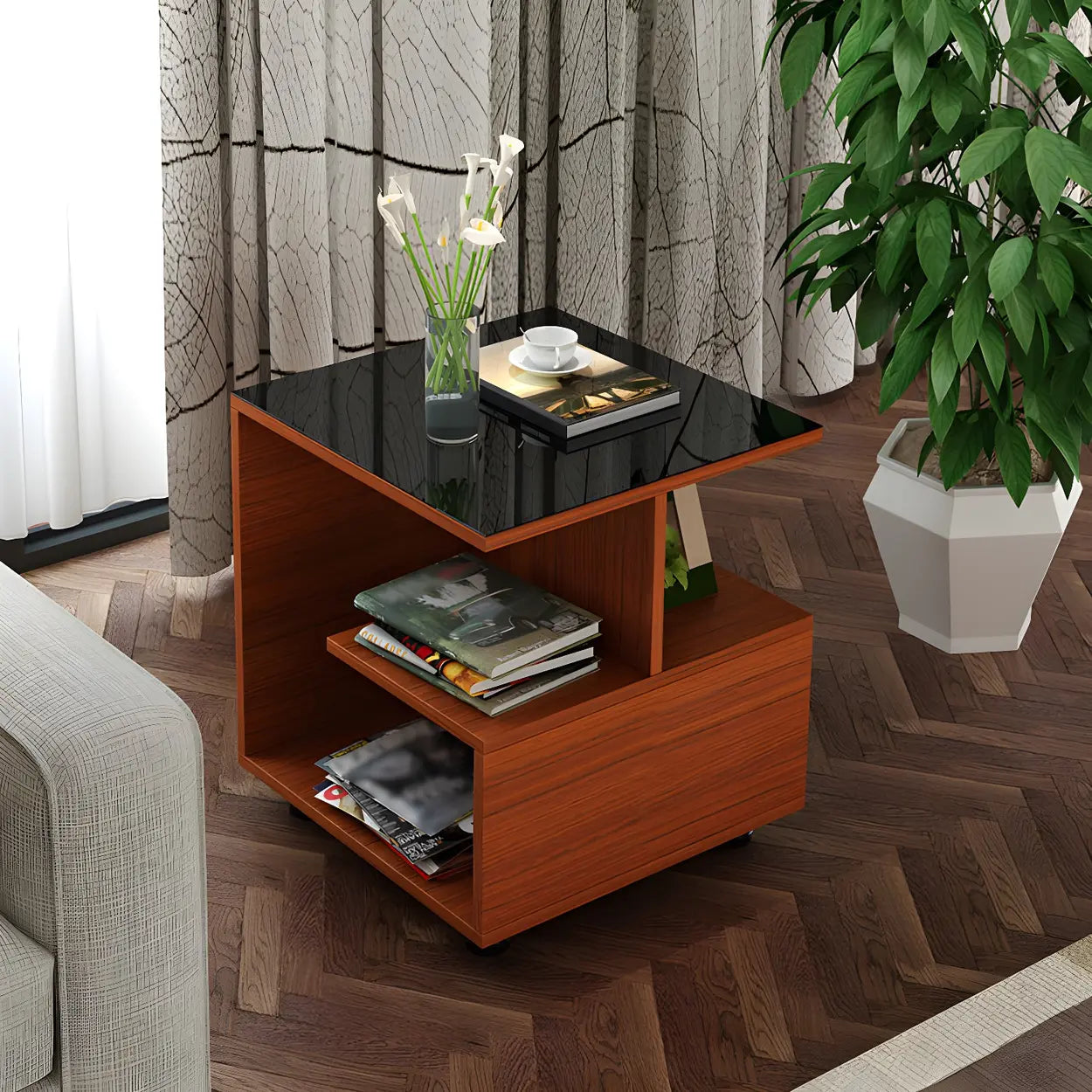 Square Glass and Wood Base White Shelved Side Table Image - 4