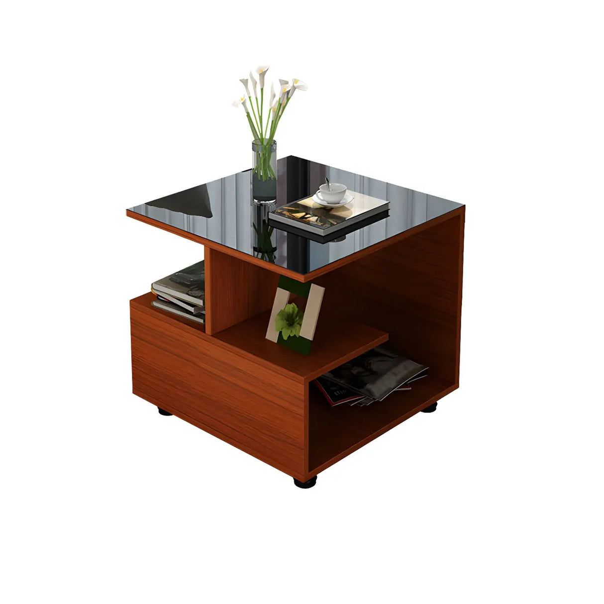 Square Glass and Wood Base White Shelved Side Table Image - 7