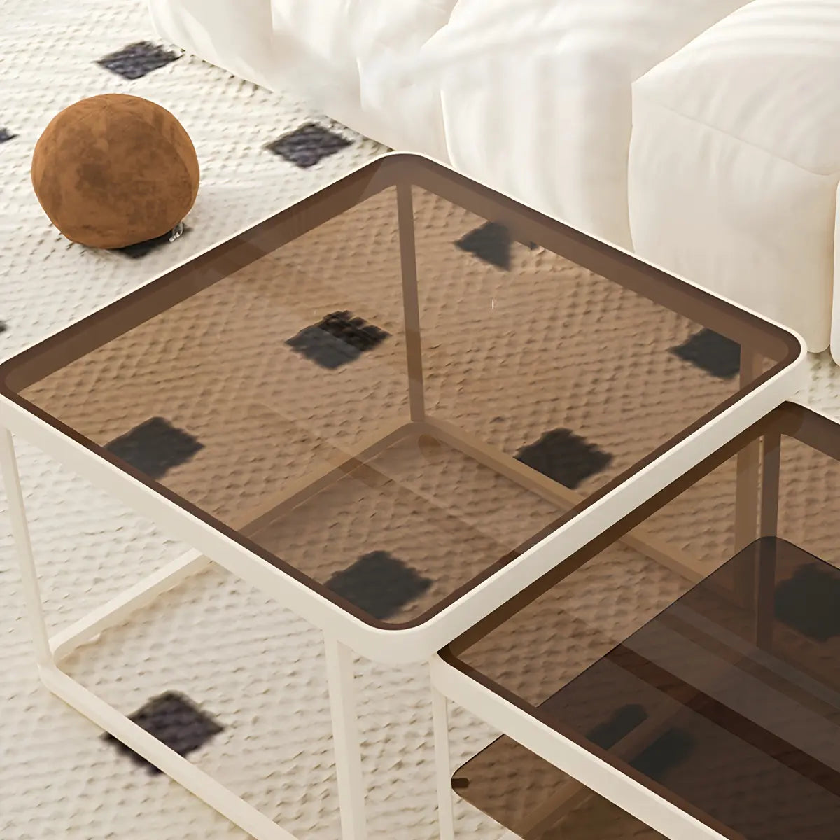 Square Glass Beige Iron Frame Shelves Coffee Table Image - 10