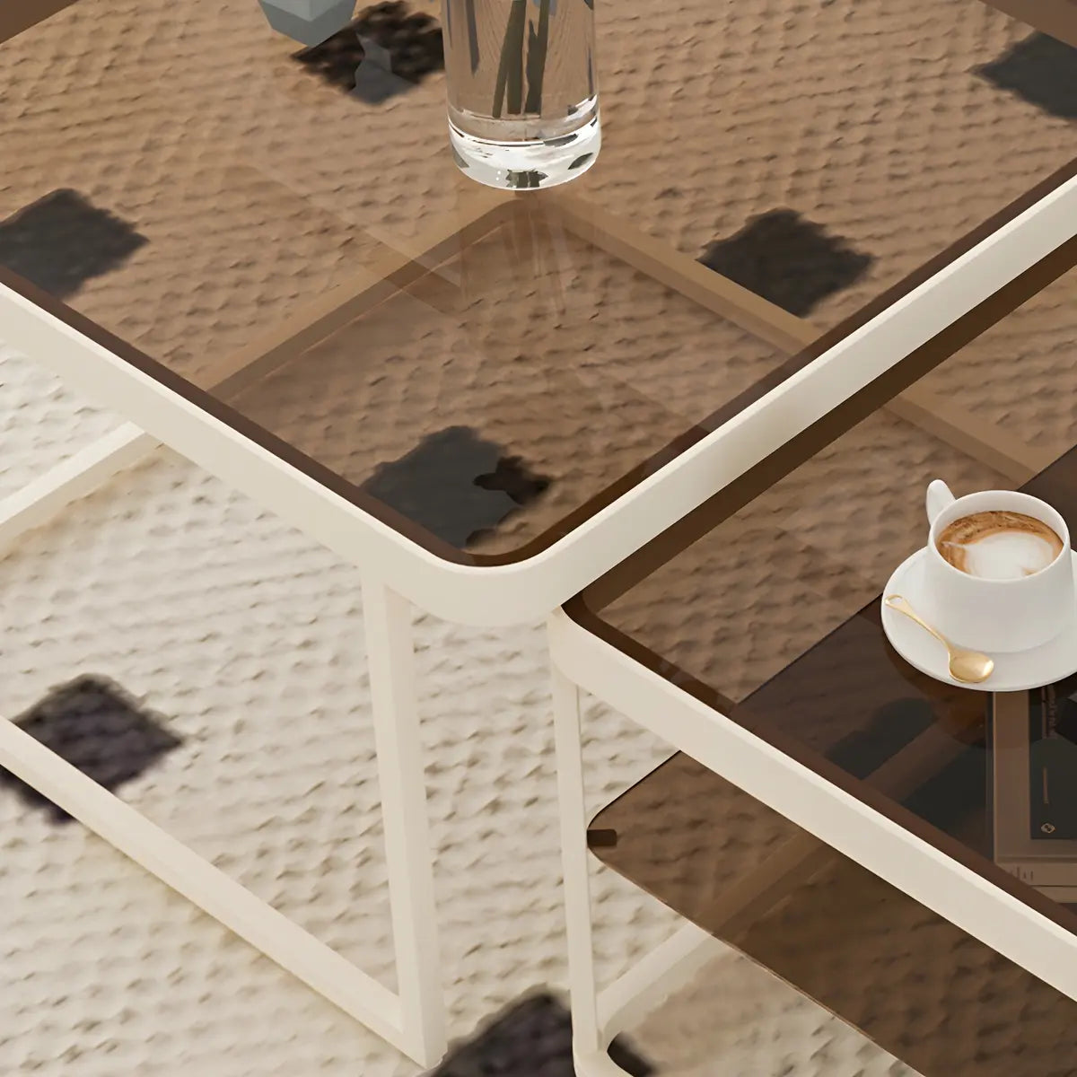 Square Glass Beige Iron Frame Shelves Coffee Table Image - 11