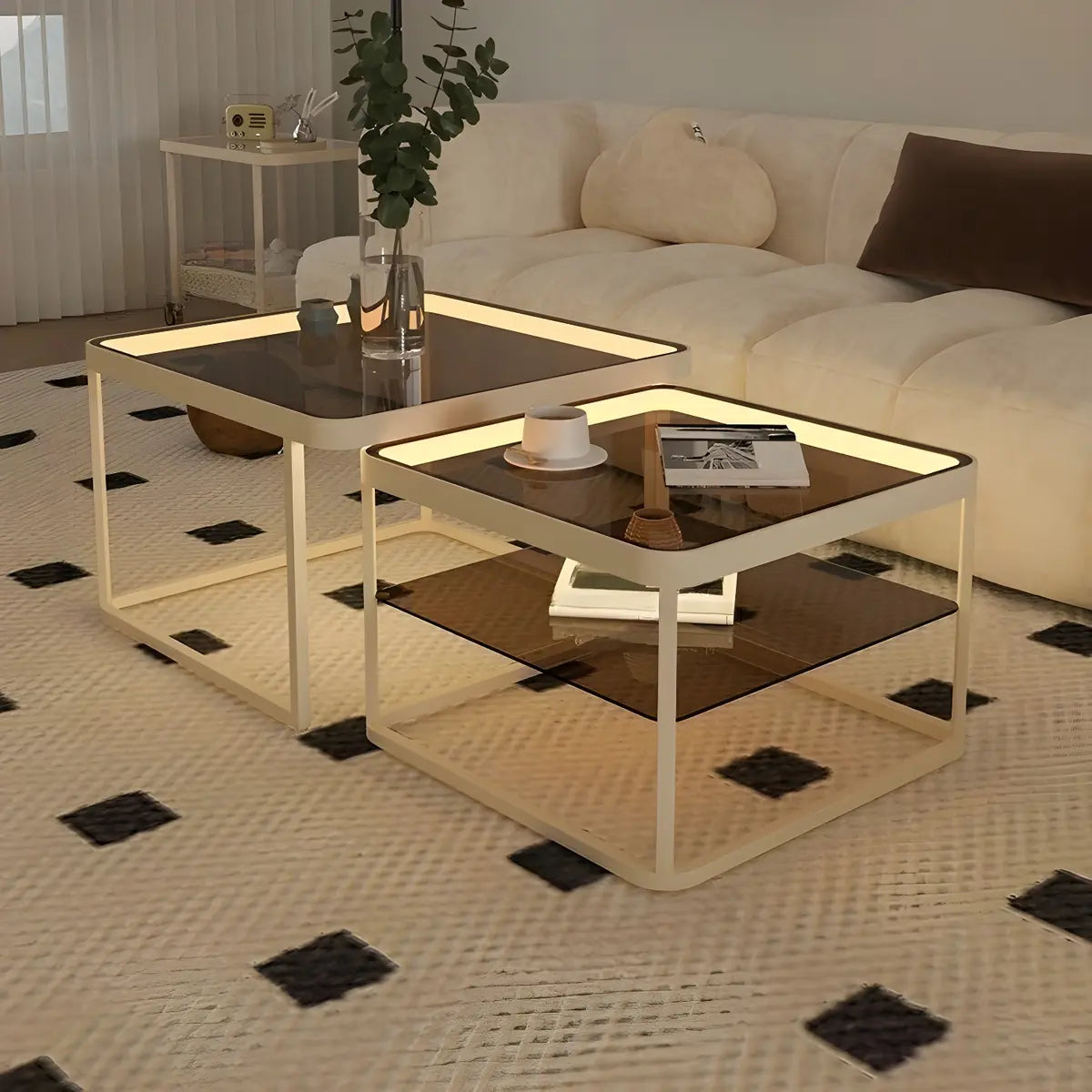 Square Glass Beige Iron Frame Shelves Coffee Table Image - 7