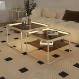 Square Glass Beige Iron Frame Shelves Coffee Table Image - 7