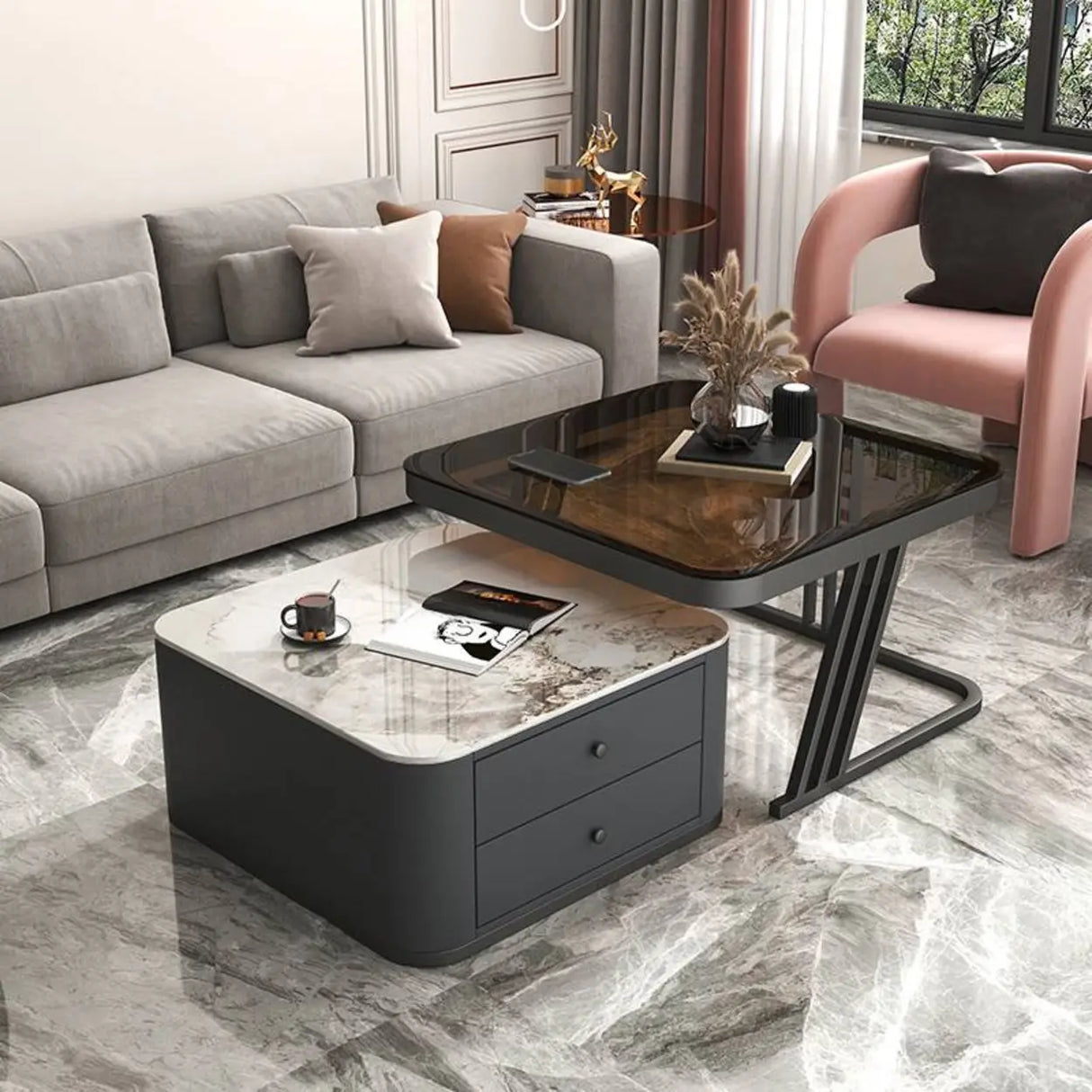 Square Glass Top Steel Frame Nesting Tables with Drawer Image - 13