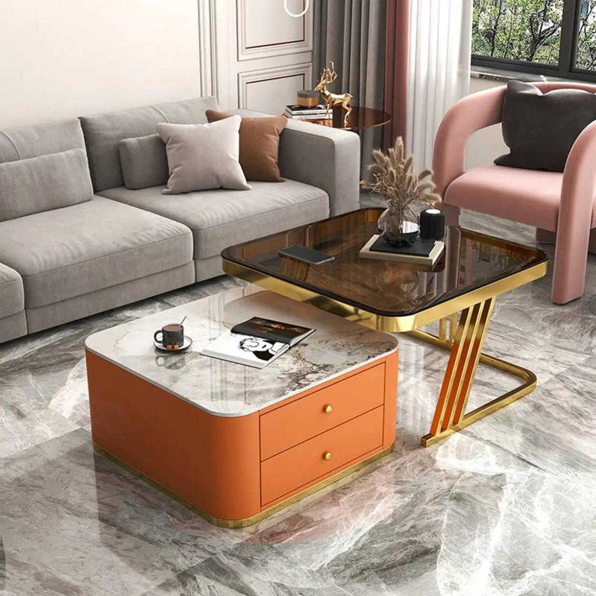 Square Glass Top Steel Frame Nesting Tables with Drawer Image - 16