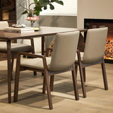 Square Off-White Leather Seat Armrest Wood Dining Chair Image - 10