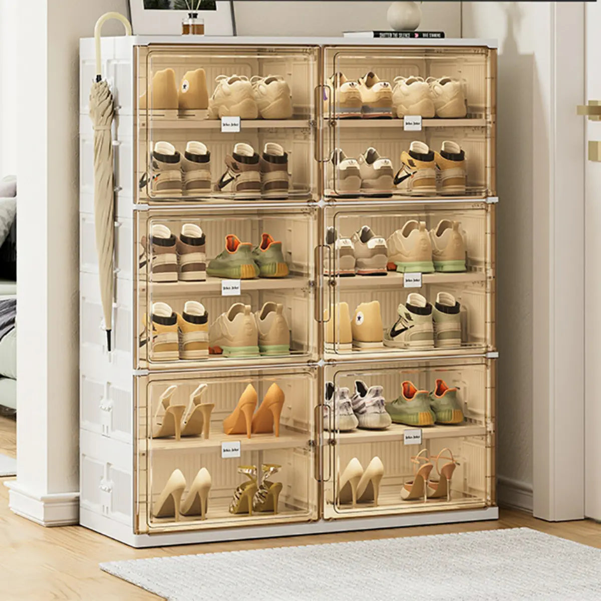 Square Plastic Entryway Beige Stackable Shoe Box Storage Image - 1