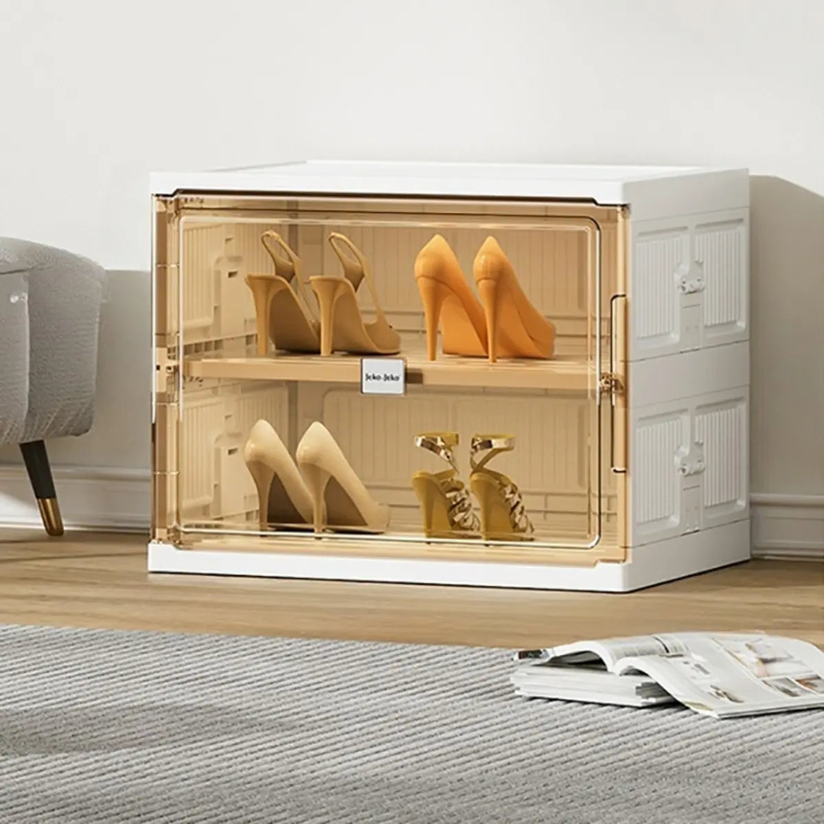 Square Plastic Entryway Beige Stackable Shoe Box Storage Image - 11