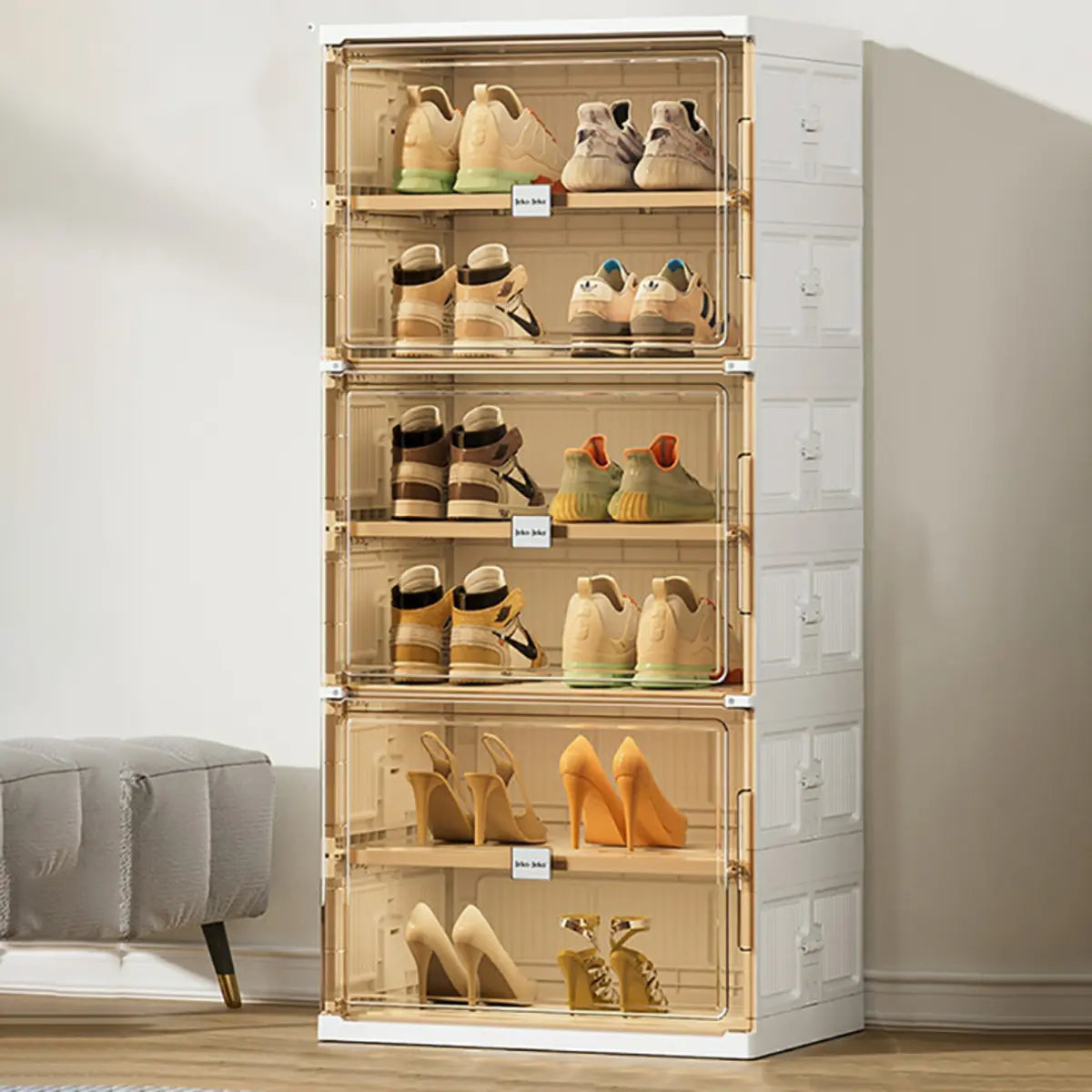 Square Plastic Entryway Beige Stackable Shoe Box Storage Image - 13