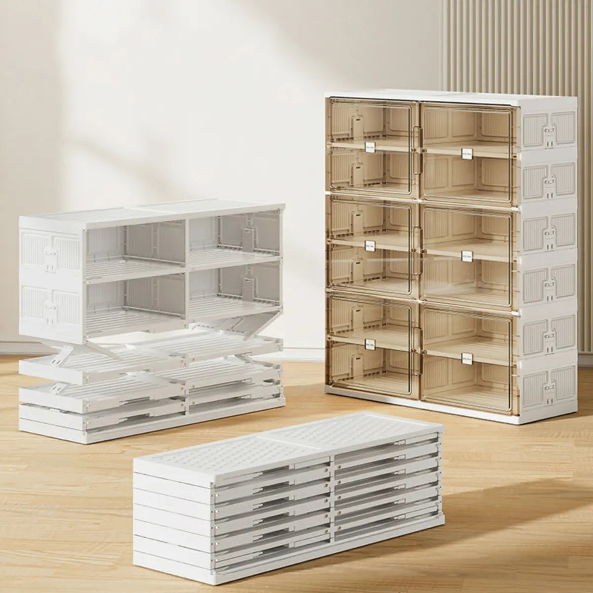 Square Plastic Entryway Beige Stackable Shoe Box Storage Image - 14