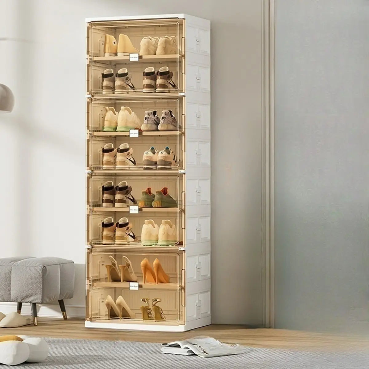 Square Plastic Entryway Beige Stackable Shoe Box Storage Image - 15