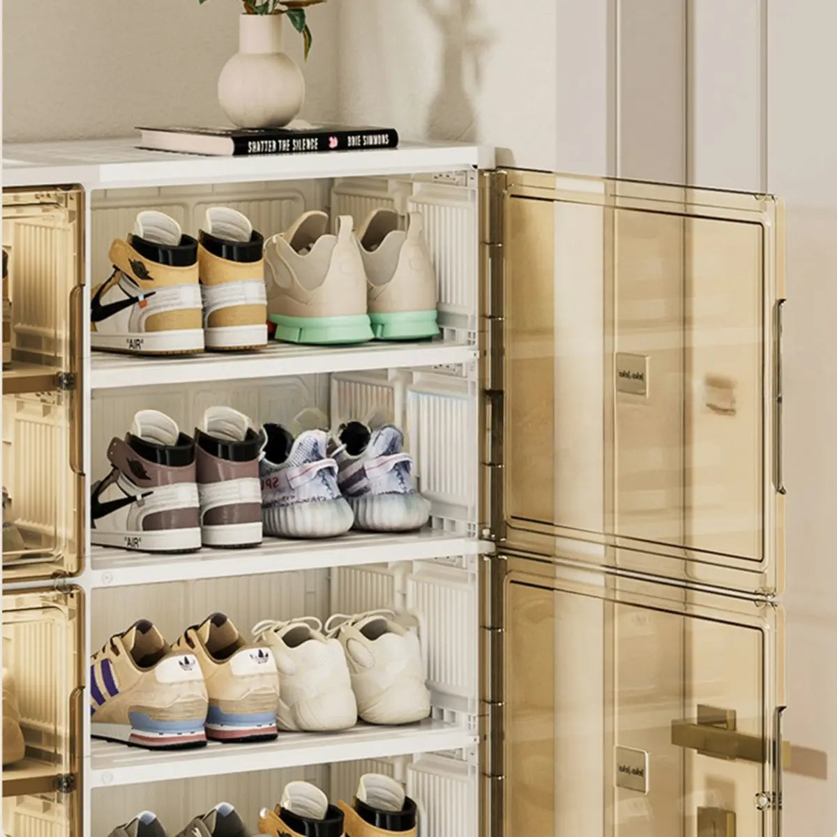 Square Plastic Entryway Beige Stackable Shoe Box Storage Image - 16