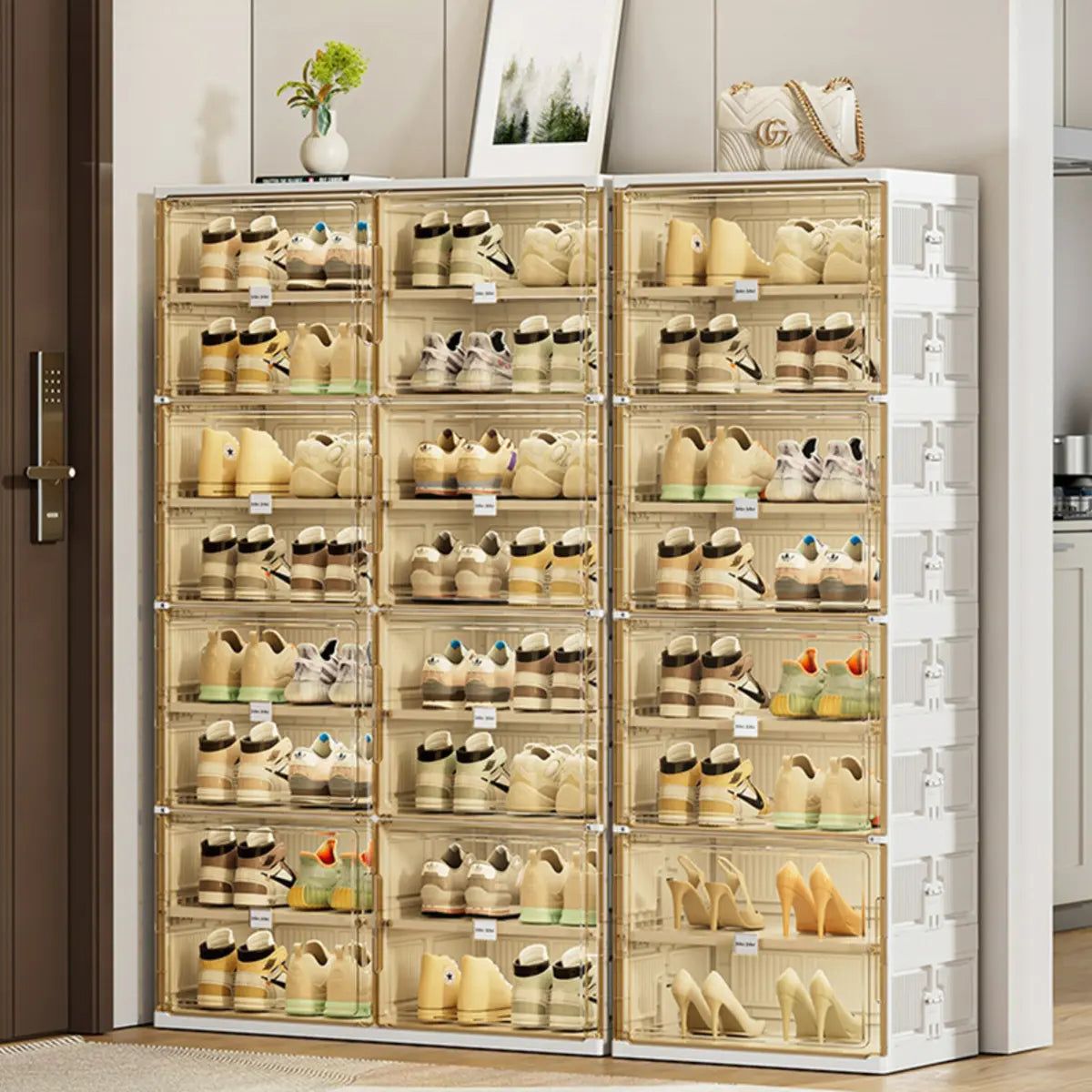Square Plastic Entryway Beige Stackable Shoe Box Storage Image - 18