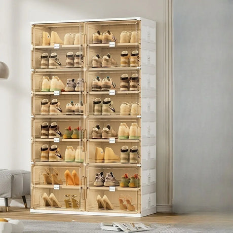 Square Plastic Entryway Beige Stackable Shoe Box Storage Image - 2