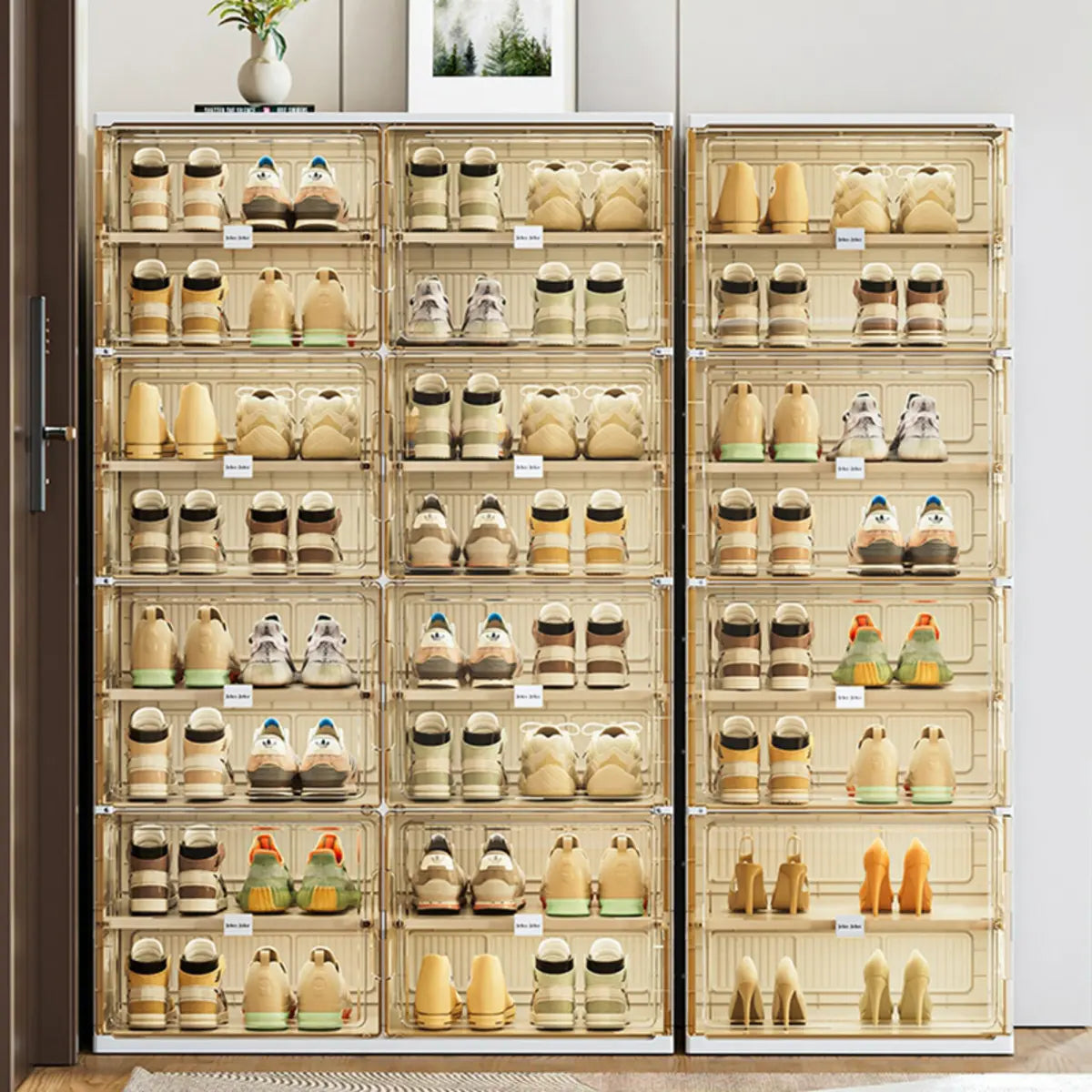 Square Plastic Entryway Beige Stackable Shoe Box Storage Image - 4