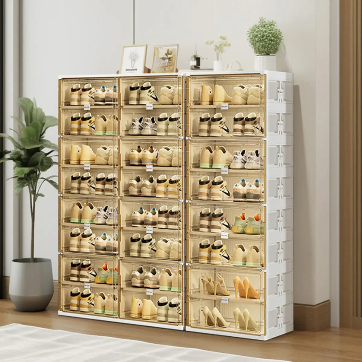 Square Plastic Entryway Beige Stackable Shoe Box Storage Image - 5