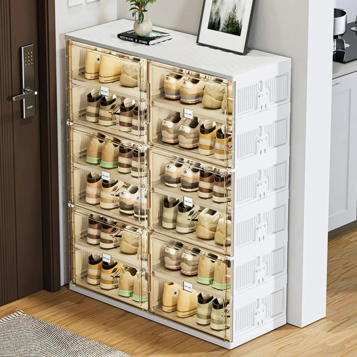 Square Plastic Entryway Beige Stackable Shoe Box Storage Image - 8