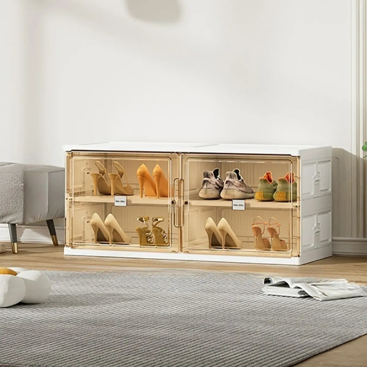 Square Plastic Entryway Beige Stackable Shoe Box Storage Image - 9